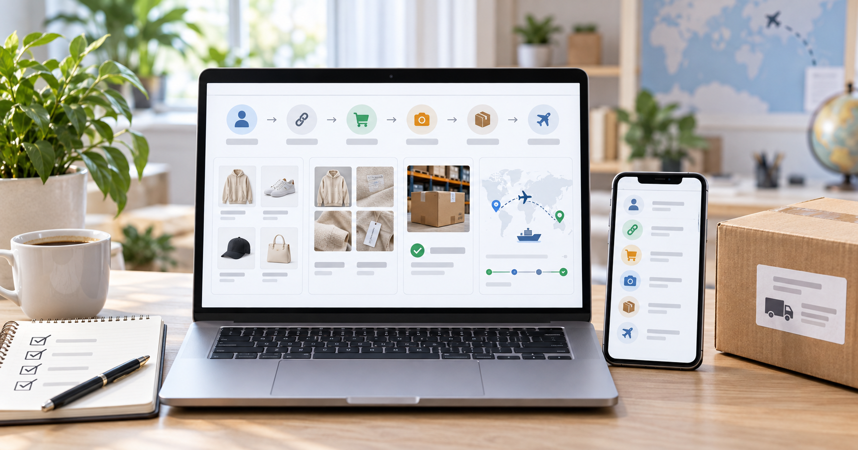 A laptop and phone showing a Kakobuy shopping, QC, and shipping workflow